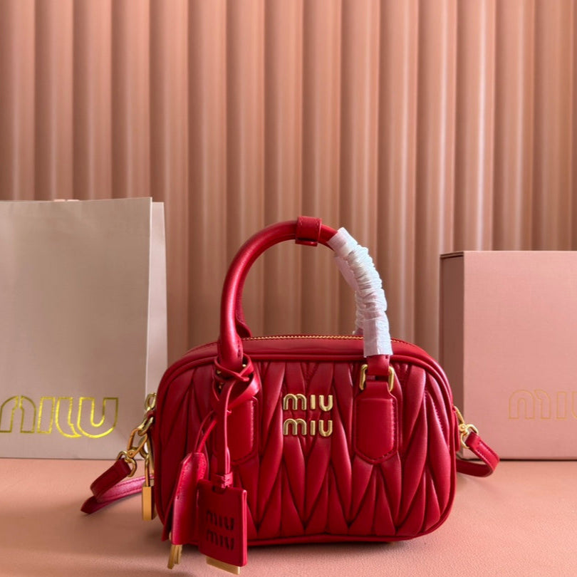 MIU MIU ARCADIE MATELASSÉ BAG 19 IN CERISE RED CALFSKIN GOLD HARDWARE