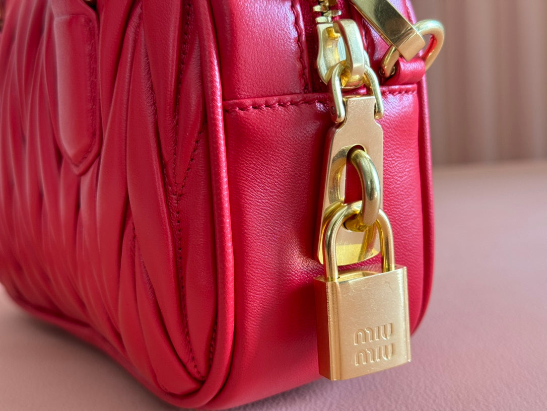 MIU MIU ARCADIE MATELASSÉ BAG 19 IN CERISE RED CALFSKIN GOLD HARDWARE