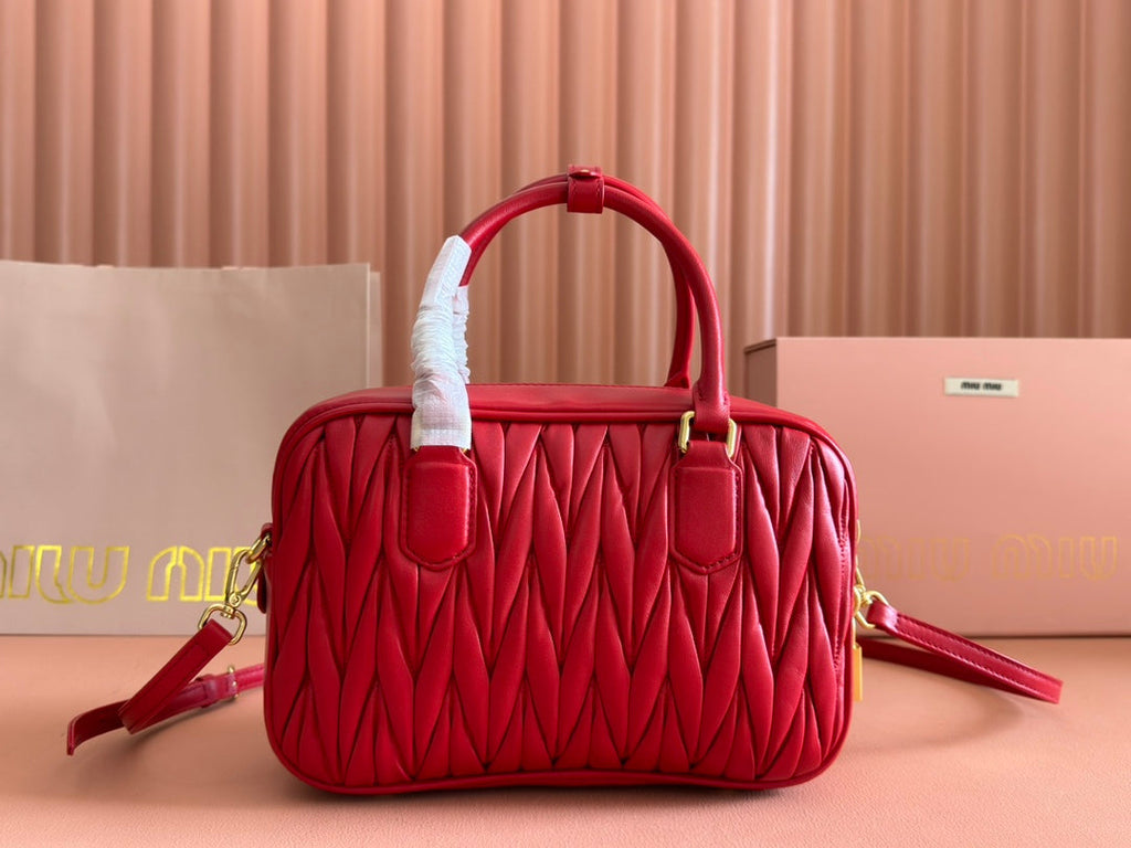 MIU MIU ARCADIE MATELASSÉ BAG 24 IN CERISE RED CALFSKIN GOLD HARDWARE