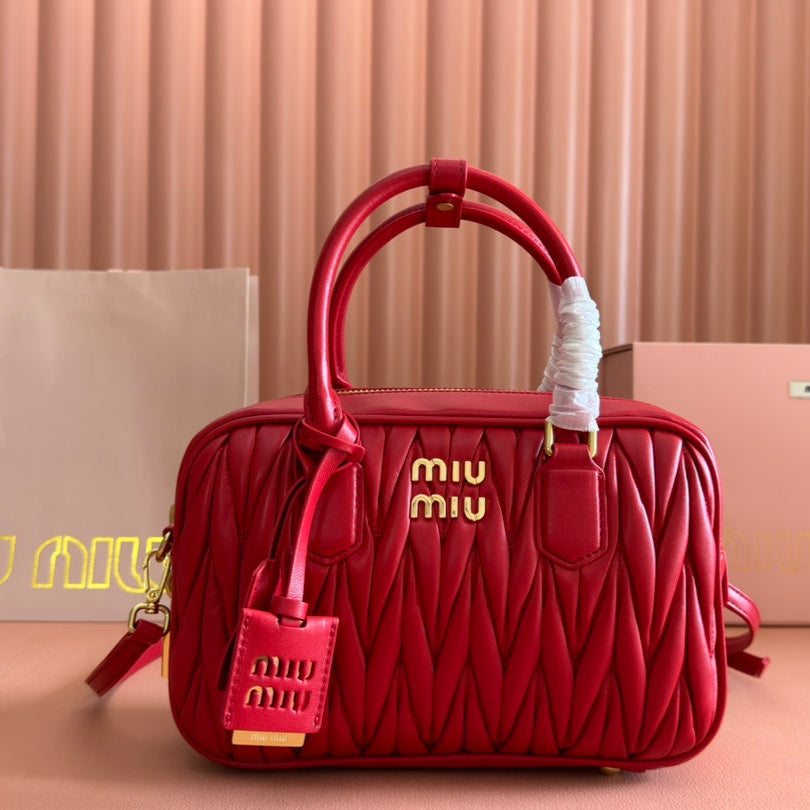 MIU MIU ARCADIE MATELASSÉ BAG 24 IN CERISE RED CALFSKIN GOLD HARDWARE