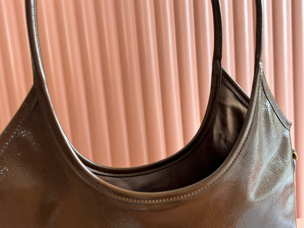 MIU MIU IVY 40 TOTE IN BROWN PATENT CALFSKIN