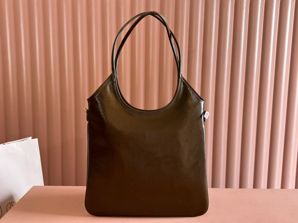 MIU MIU IVY 40 TOTE IN BROWN PATENT CALFSKIN