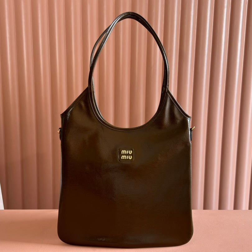 MIU MIU IVY 40 TOTE IN BROWN PATENT CALFSKIN