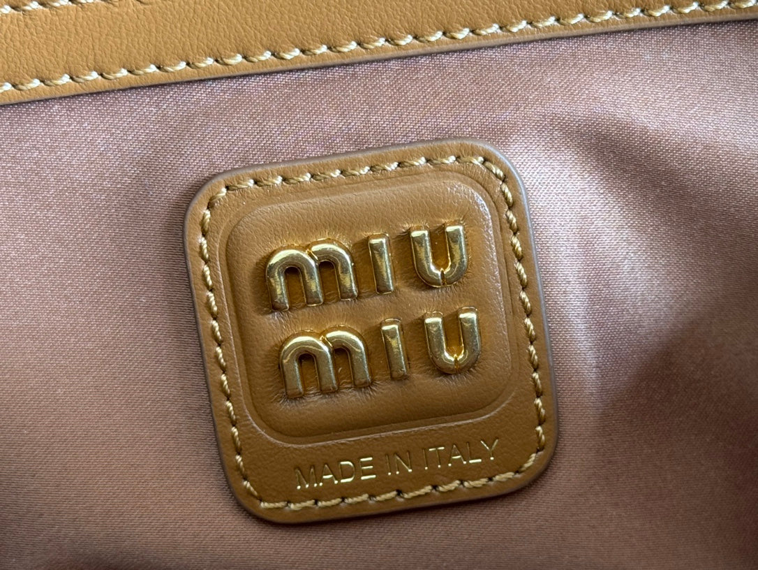 MIU MIU BEAU TOP HANDLE BAG 29 IN TAWNY BROWN GLOSSY CALFSKIN