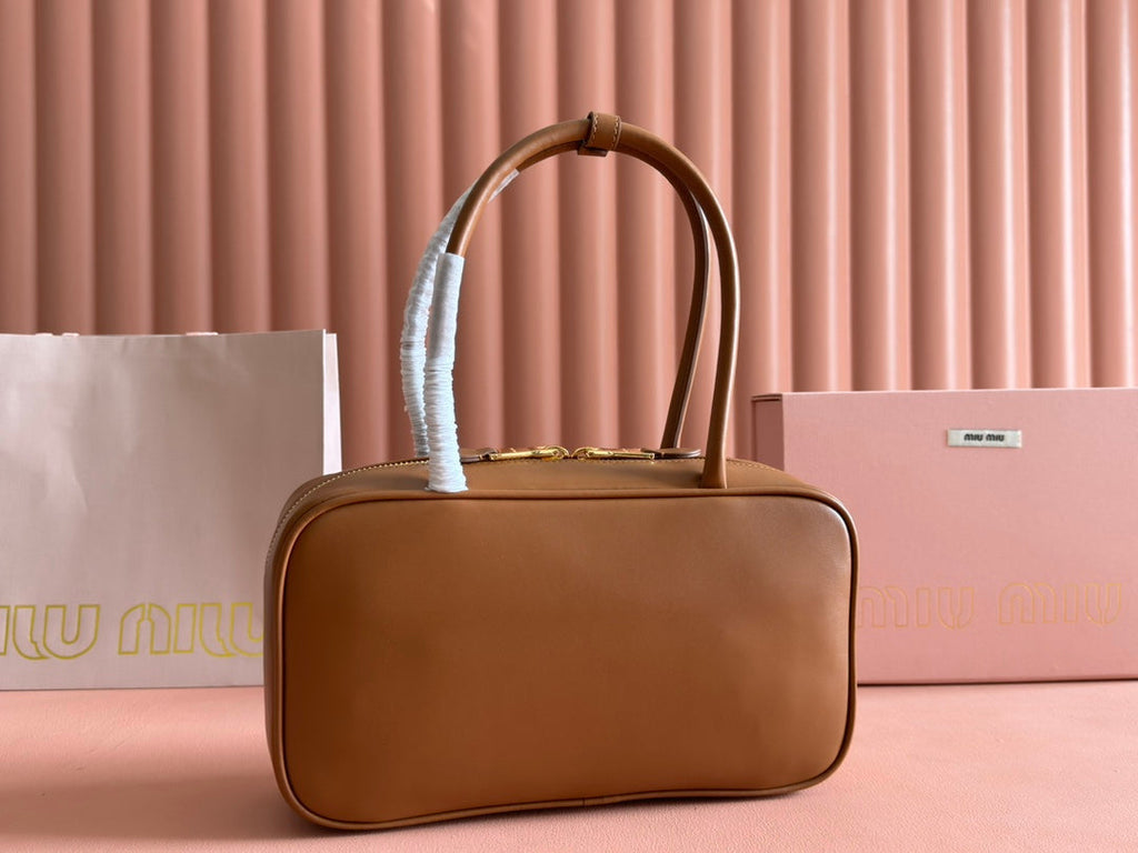 MIU MIU BEAU TOP HANDLE BAG 29 IN TAWNY BROWN GLOSSY CALFSKIN