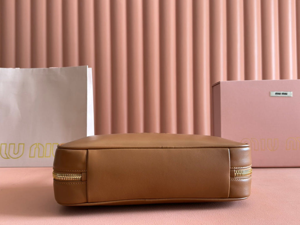 MIU MIU BEAU TOP HANDLE BAG 29 IN TAWNY BROWN GLOSSY CALFSKIN