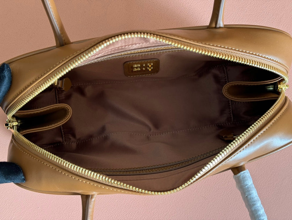 MIU MIU BEAU TOP HANDLE BAG 29 IN TAWNY BROWN GLOSSY CALFSKIN