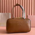 MIU MIU BEAU TOP HANDLE BAG 29 IN TAWNY BROWN GLOSSY CALFSKIN