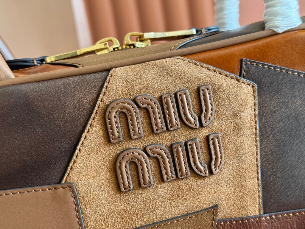 MIU MIU BEAU TOP HANDLE BAG 28 IN COGNAC LEATHER PATCHWORK