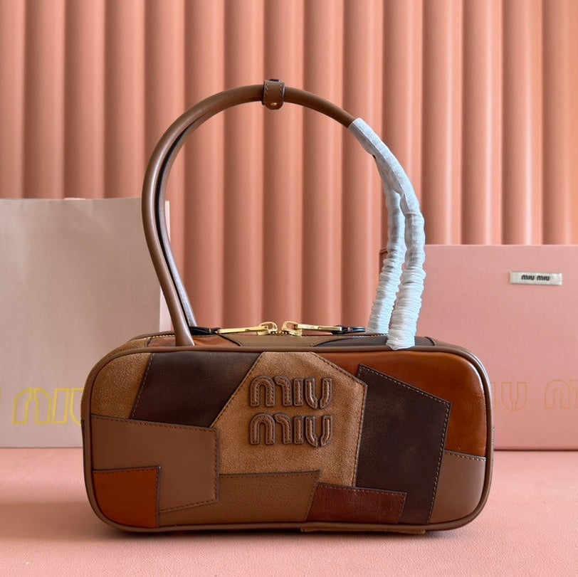 MIU MIU BEAU TOP HANDLE BAG 28 IN COGNAC LEATHER PATCHWORK
