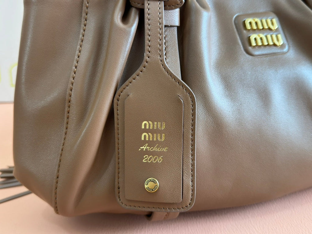 MIU MIU JOIE HAND BAG 32 IN BRUNETTE BROWN SHINY LAMBSKIN