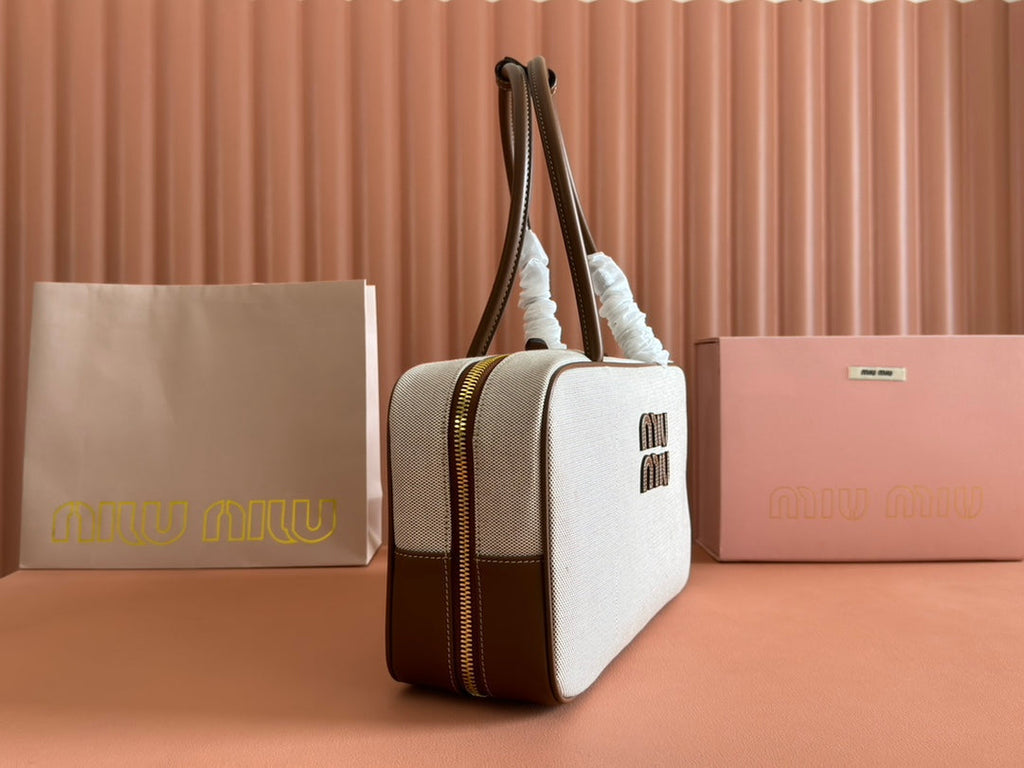 MIU MIU MIUMIU 25S BEAU CANVAS BAG 34 IN BEIGE CANVAS AND BROWN CALFSKIN