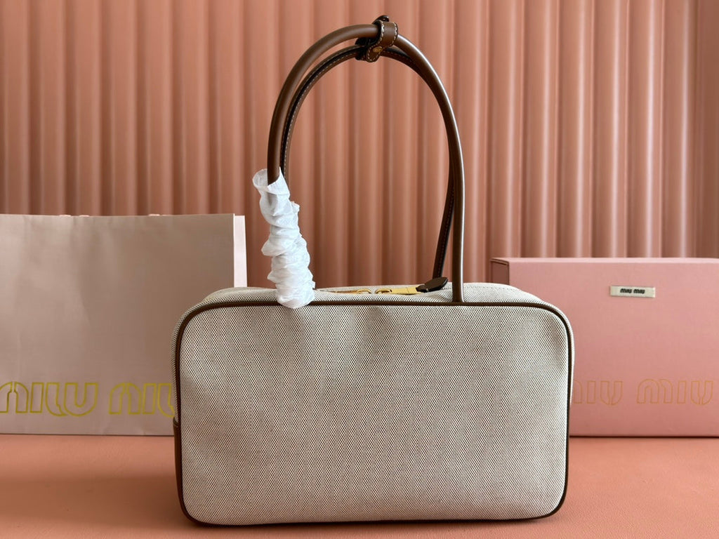 MIU MIU MIUMIU 25S BEAU CANVAS BAG 34 IN BEIGE CANVAS AND BROWN CALFSKIN