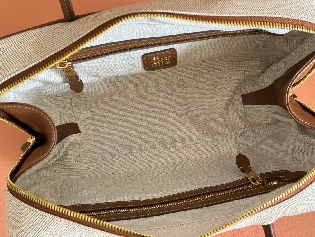 MIU MIU MIUMIU 25S BEAU CANVAS BAG 34 IN BEIGE CANVAS AND BROWN CALFSKIN