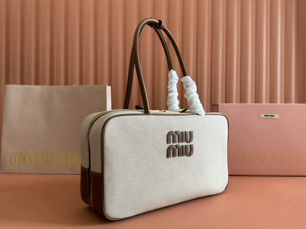 MIU MIU MIUMIU 25S BEAU CANVAS BAG 34 IN BEIGE CANVAS AND BROWN CALFSKIN
