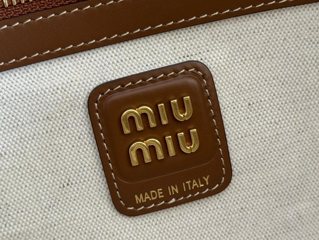 MIU MIU MIUMIU 25S BEAU CANVAS BAG 34 IN BEIGE CANVAS AND BROWN CALFSKIN