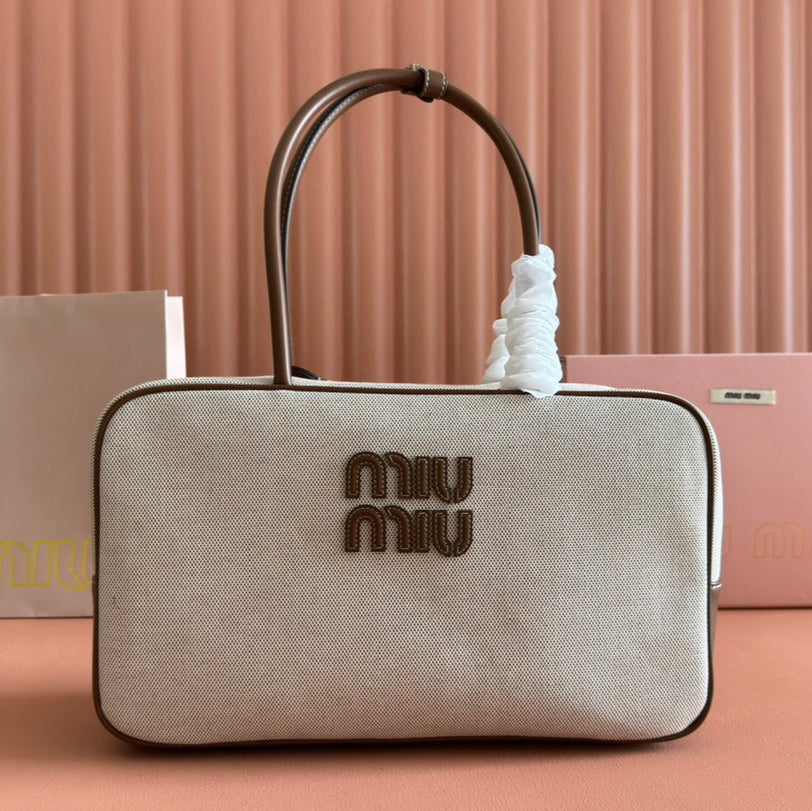 MIU MIU MIUMIU 25S BEAU CANVAS BAG 34 IN BEIGE CANVAS AND BROWN CALFSKIN