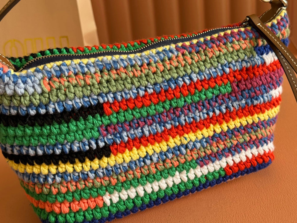 MIU MIU CROCHET SHOULDER BAG 25.5 COLORFUL WOOL WITH BROWN STRAP CALFSKIN