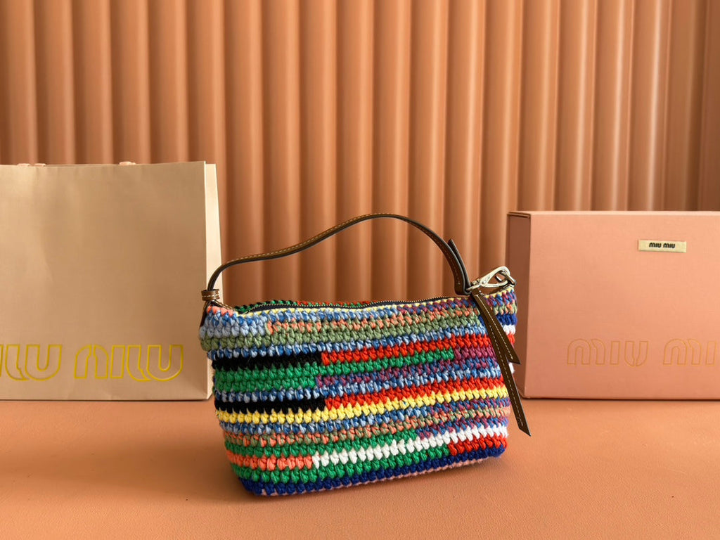 MIU MIU CROCHET SHOULDER BAG 25.5 COLORFUL WOOL WITH BROWN STRAP CALFSKIN