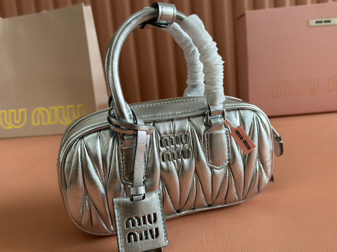 MIU MIU ARCADIE MATELASSÉ BAG 19 IN SILVER GLOSSY CALFSKIN GOLD HARDWARE