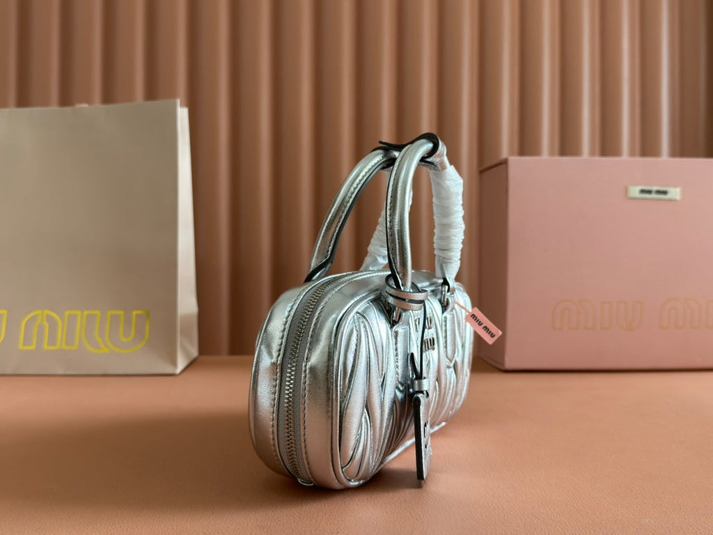 MIU MIU ARCADIE MATELASSÉ BAG 19 IN SILVER GLOSSY CALFSKIN GOLD HARDWARE