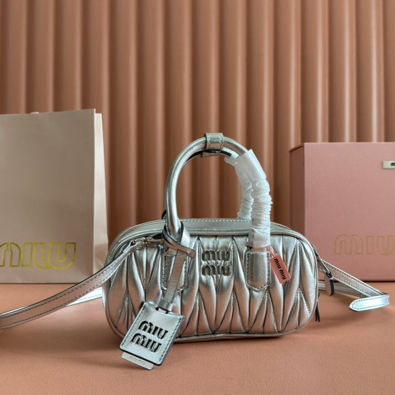 MIU MIU ARCADIE MATELASSÉ BAG 19 IN SILVER GLOSSY CALFSKIN GOLD HARDWARE