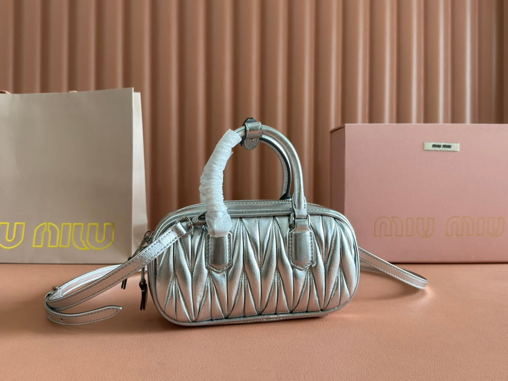 MIU MIU ARCADIE MATELASSÉ BAG 19 IN SILVER GLOSSY CALFSKIN GOLD HARDWARE