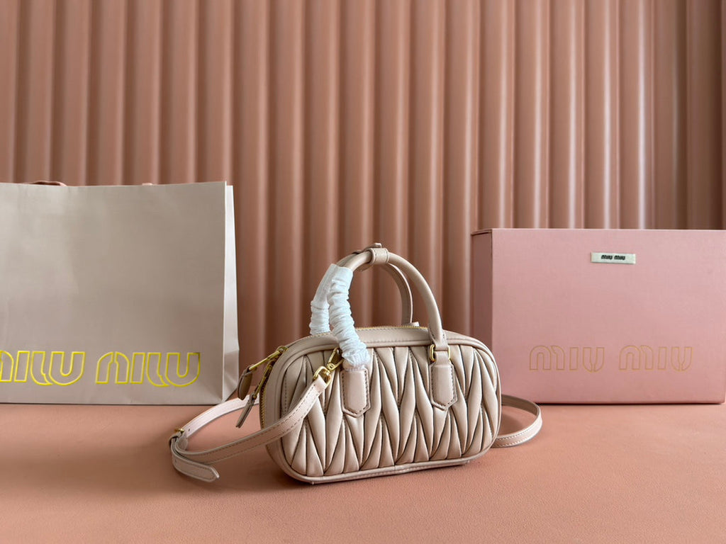 MIU MIU ARCADIE MATELASSÉ BAG 19 IN NUDE CALFSKIN GOLD HARDWARE