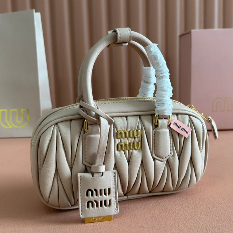 MIU MIU ARCADIE MATELASSÉ BAG 19 IN NUDE CALFSKIN GOLD HARDWARE