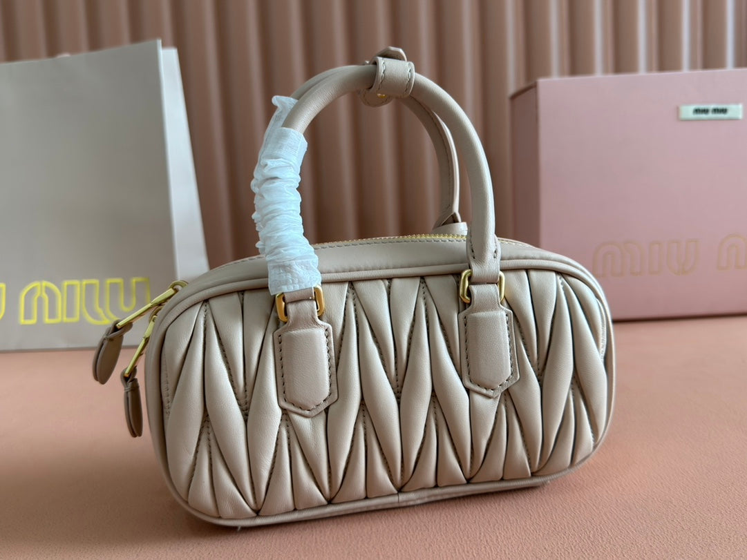 MIU MIU ARCADIE MATELASSÉ BAG 19 IN NUDE CALFSKIN GOLD HARDWARE