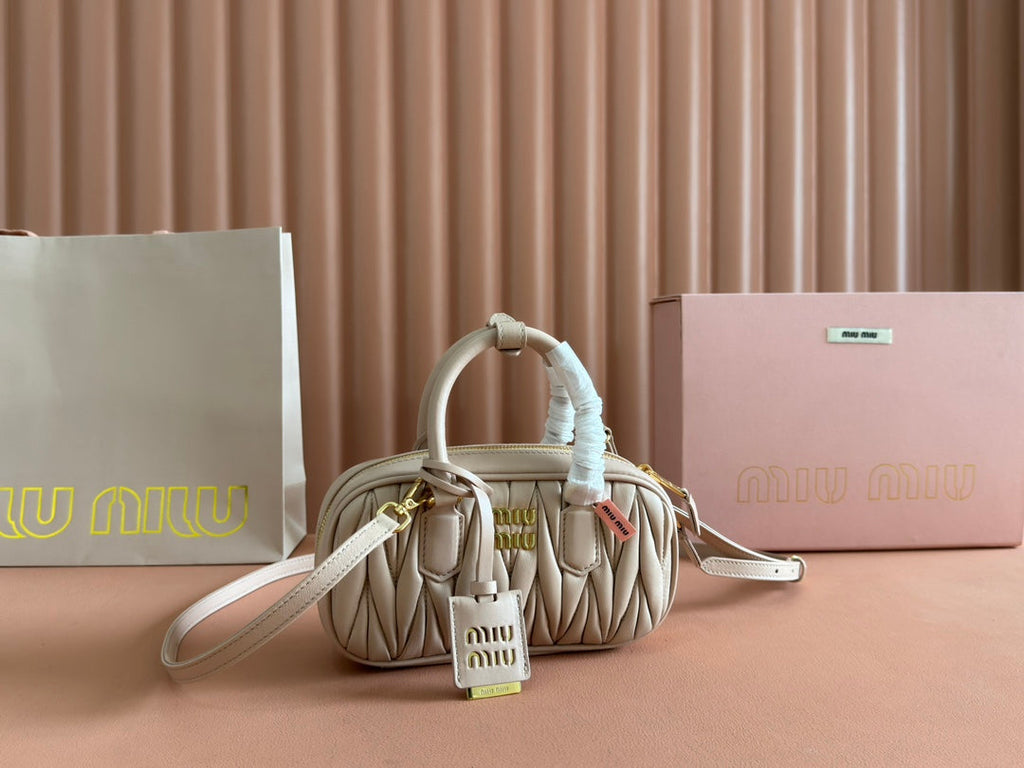 MIU MIU ARCADIE MATELASSÉ BAG 19 IN NUDE CALFSKIN GOLD HARDWARE