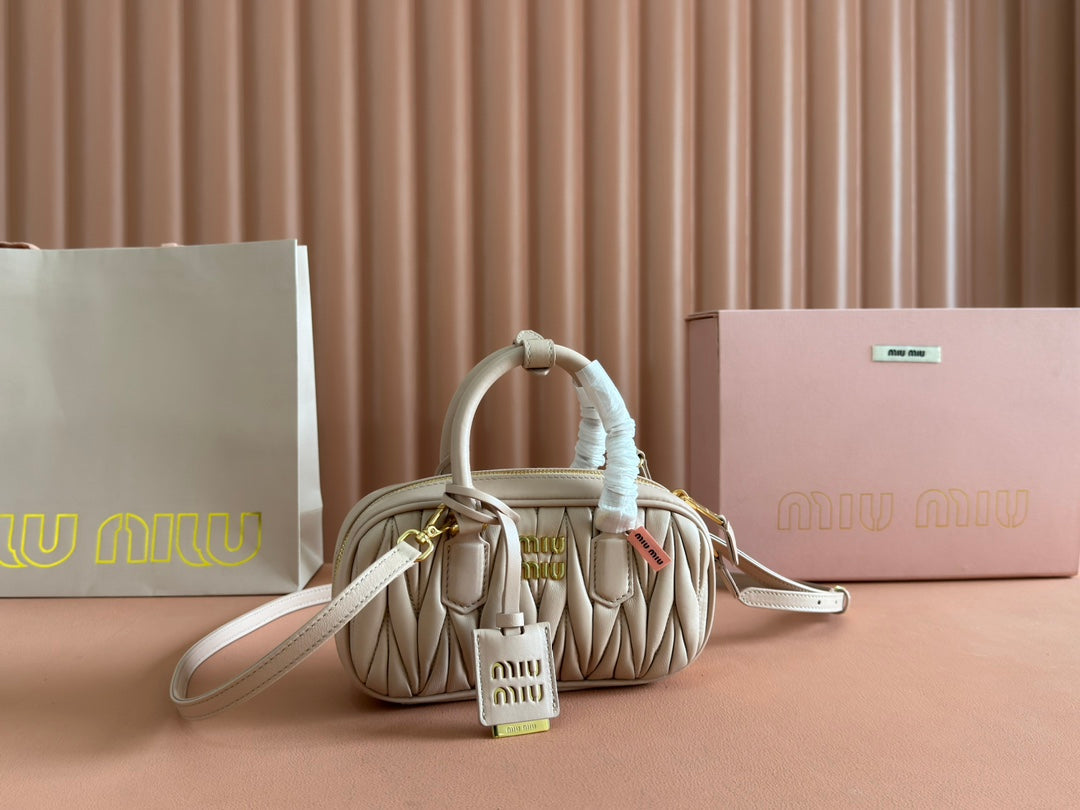 MIU MIU ARCADIE MATELASSÉ BAG 19 IN NUDE CALFSKIN GOLD HARDWARE