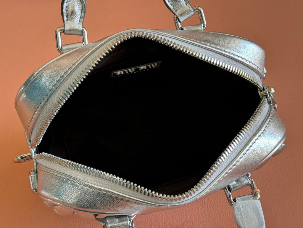 MIU MIU ARCADIE MATELASSÉ NAPPA SMALL BAG 19 IN SILVER GLOSSY LAMBSKIN SILVER HARDWARE