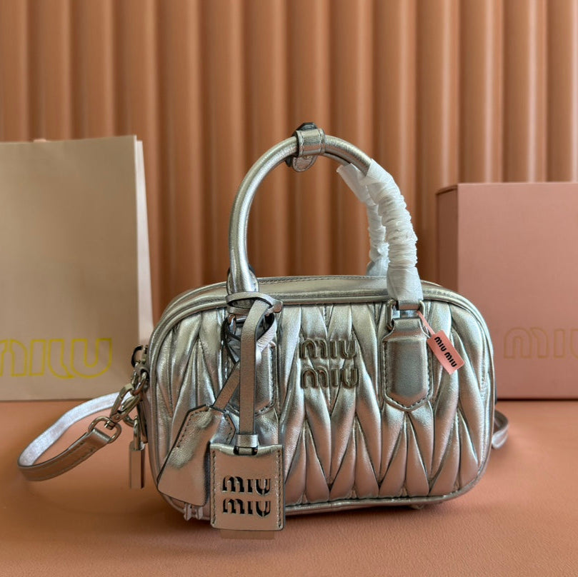 MIU MIU ARCADIE MATELASSÉ NAPPA SMALL BAG 19 IN SILVER GLOSSY LAMBSKIN SILVER HARDWARE