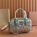 MIU MIU ARCADIE MATELASSÉ NAPPA SMALL BAG 19 IN SILVER GLOSSY LAMBSKIN SILVER HARDWARE