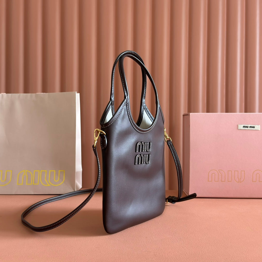 MIU MIU IVY SMALL TOTE BAG 24 IN BRIARWOOD BROWN CALFSKIN