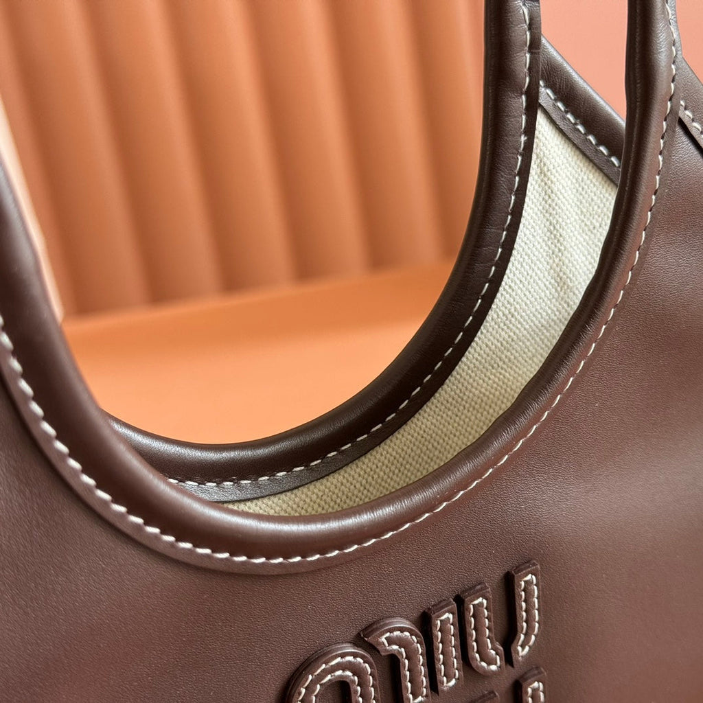 MIU MIU IVY SMALL TOTE BAG 24 IN BRIARWOOD BROWN CALFSKIN