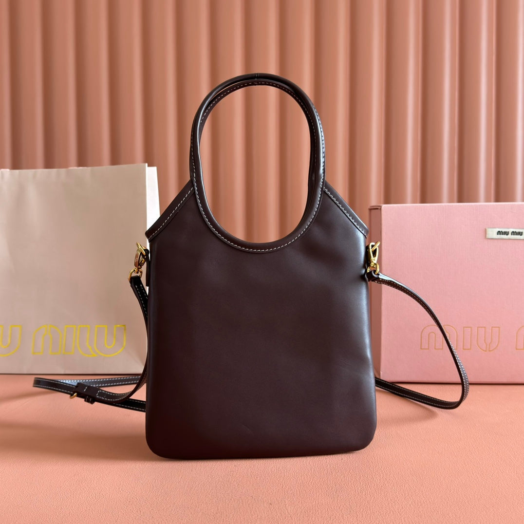 MIU MIU IVY SMALL TOTE BAG 24 IN BRIARWOOD BROWN CALFSKIN