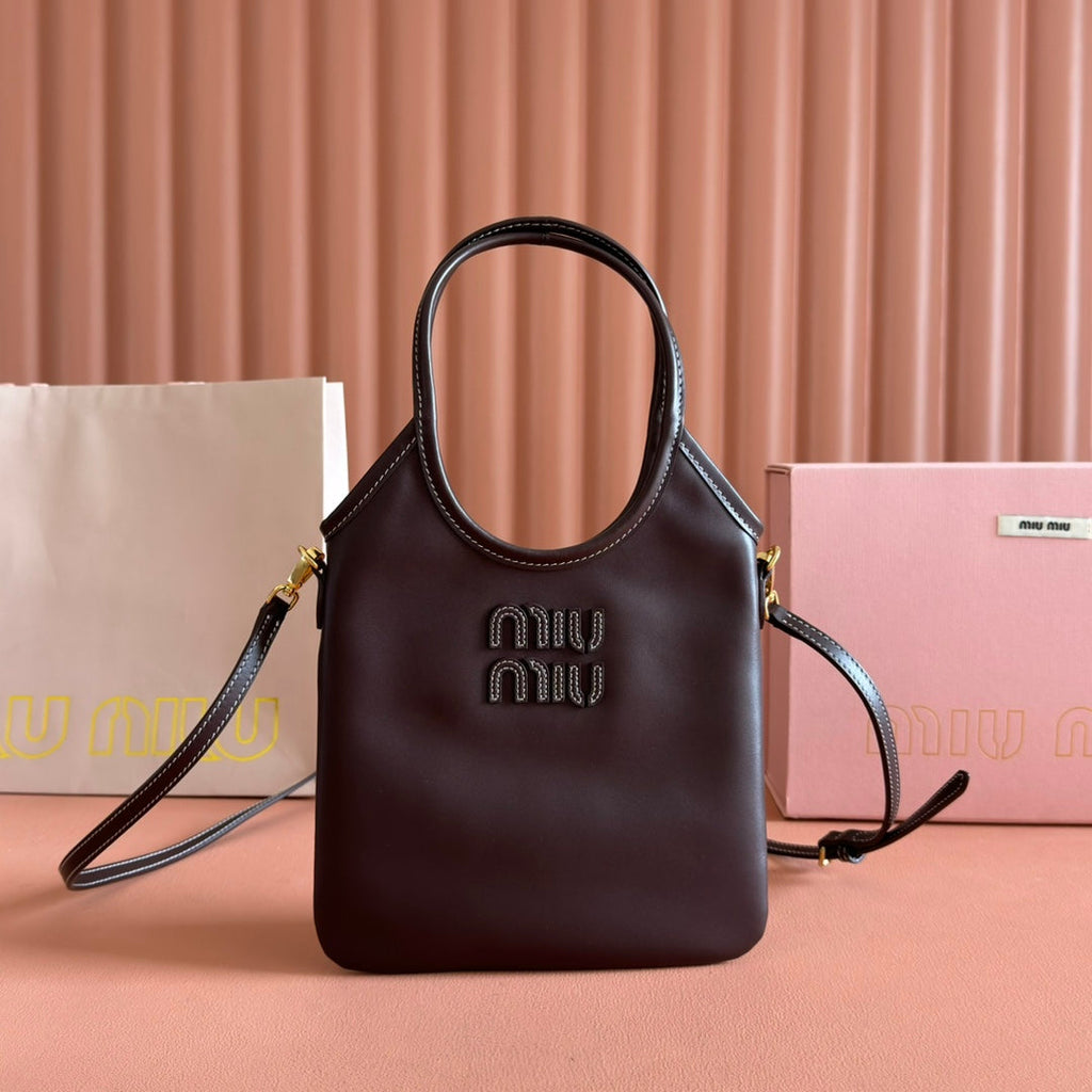 MIU MIU IVY SMALL TOTE BAG 24 IN BRIARWOOD BROWN CALFSKIN