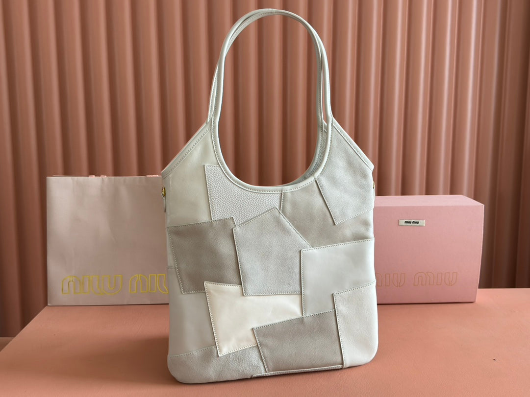 MIU MIU IVY TOTE BAG 60 IN CHALK WHITE PATCHWORK CALFSKIN