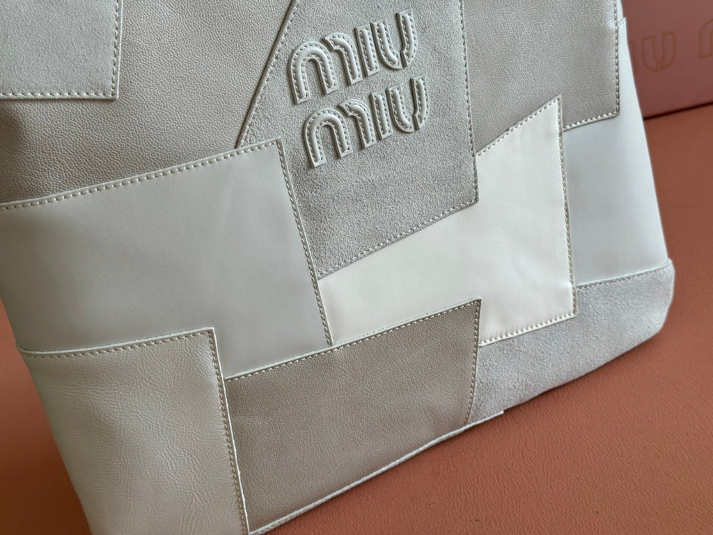 MIU MIU IVY TOTE BAG 60 IN CHALK WHITE PATCHWORK CALFSKIN