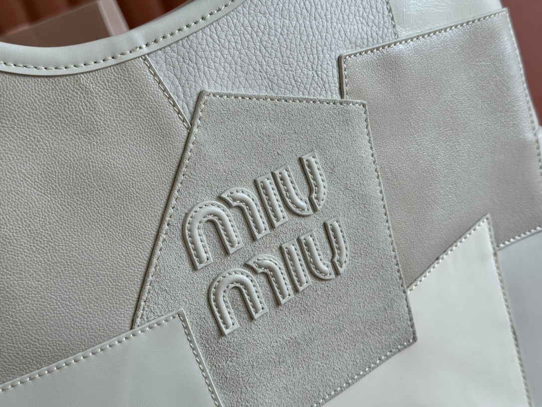 MIU MIU IVY TOTE BAG 60 IN CHALK WHITE PATCHWORK CALFSKIN