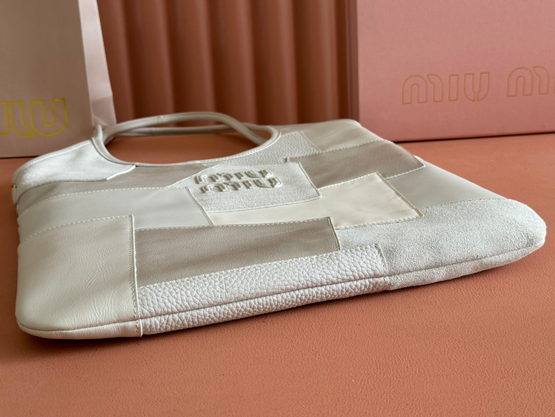 MIU MIU IVY TOTE BAG 60 IN CHALK WHITE PATCHWORK CALFSKIN