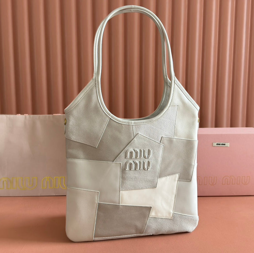 MIU MIU IVY TOTE BAG 60 IN CHALK WHITE PATCHWORK CALFSKIN
