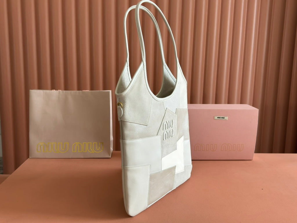 MIU MIU IVY TOTE BAG 60 IN CHALK WHITE PATCHWORK CALFSKIN