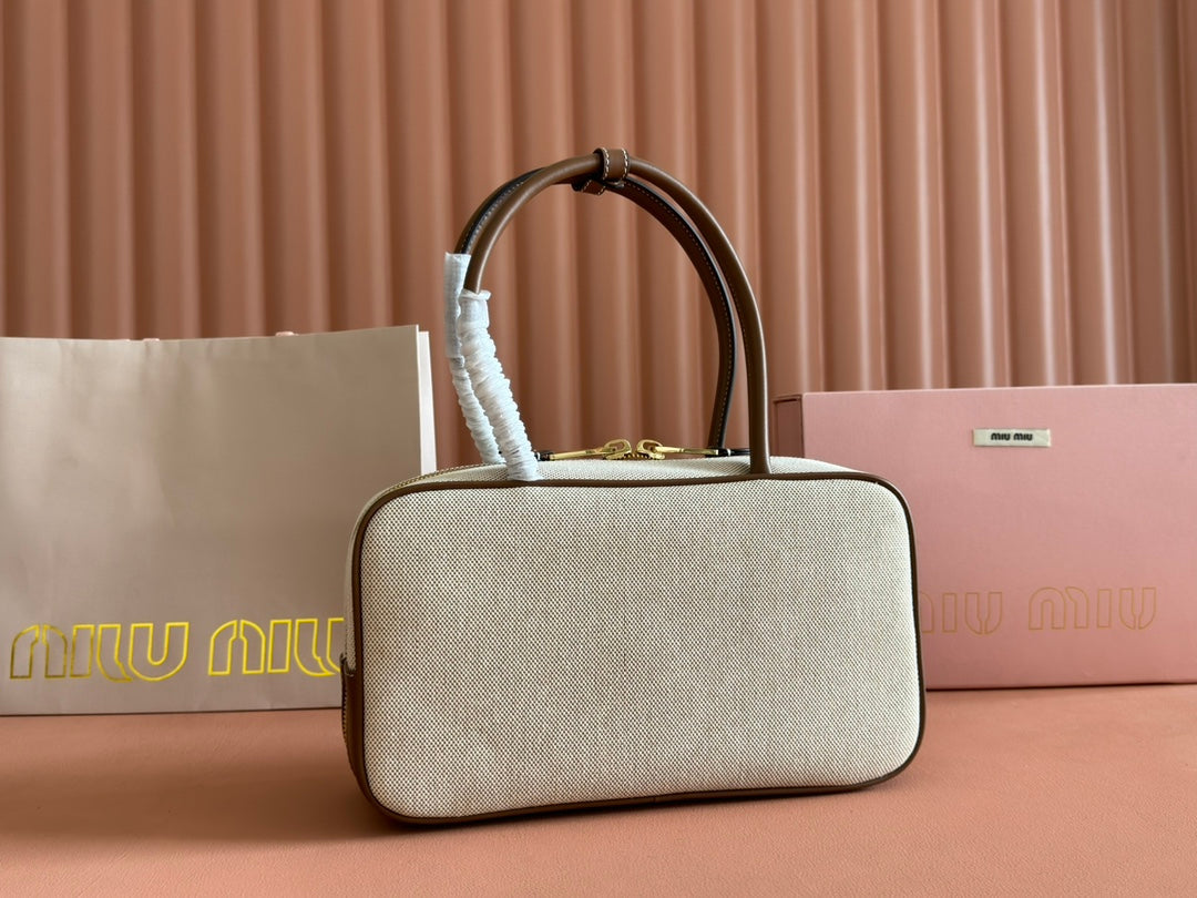 MIU MIU BOWLING BAG 28 IN WHITE CANVAS AND BROWN CALFSKIN TRIM