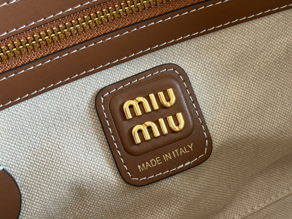 MIU MIU BOWLING BAG 28 IN WHITE CANVAS AND BROWN CALFSKIN TRIM