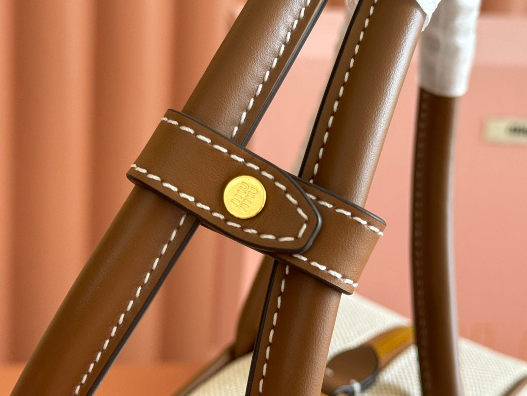 MIU MIU BOWLING BAG 28 IN WHITE CANVAS AND BROWN CALFSKIN TRIM