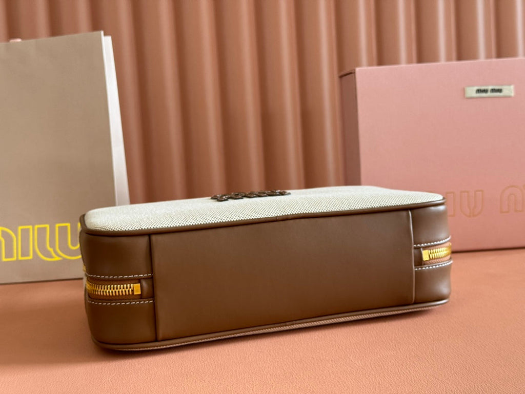 MIU MIU BOWLING BAG 28 IN WHITE CANVAS AND BROWN CALFSKIN TRIM