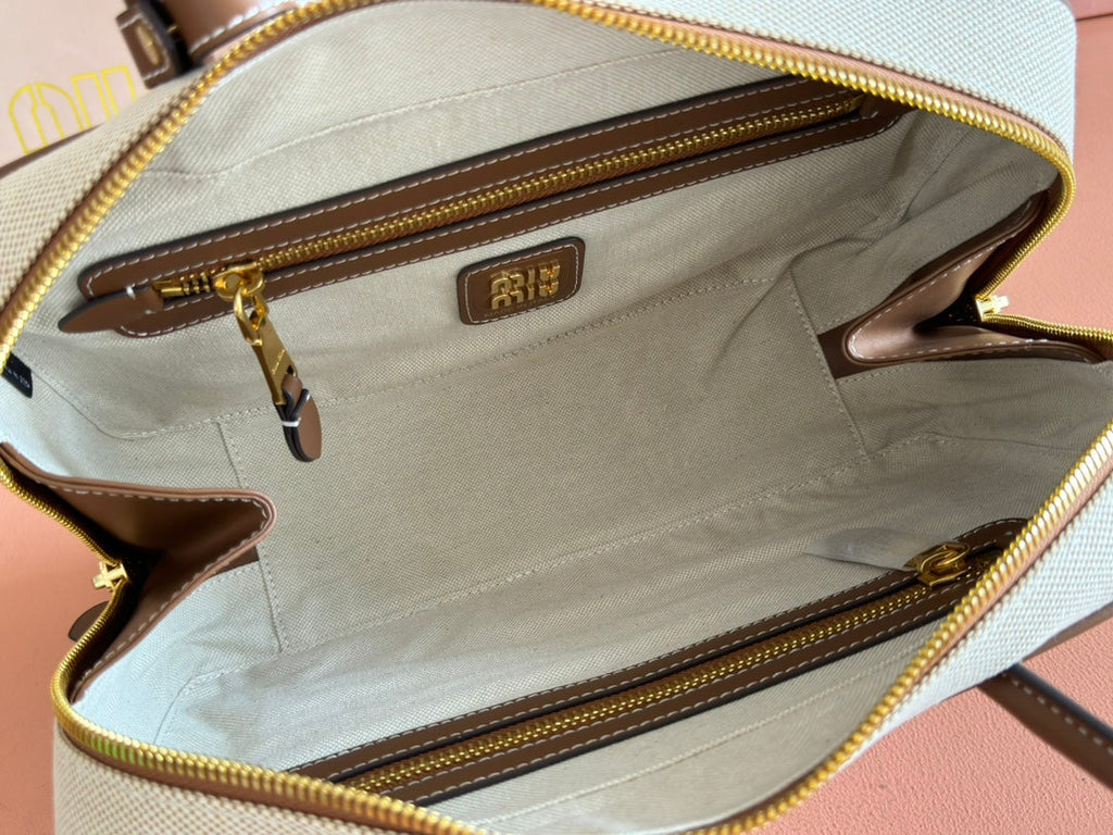 MIU MIU BOWLING BAG 28 IN WHITE CANVAS AND BROWN CALFSKIN TRIM